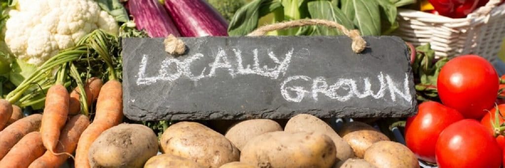 Farmers Market - Sign with chalk marks that read Locally Grown surround by fresh vegetables