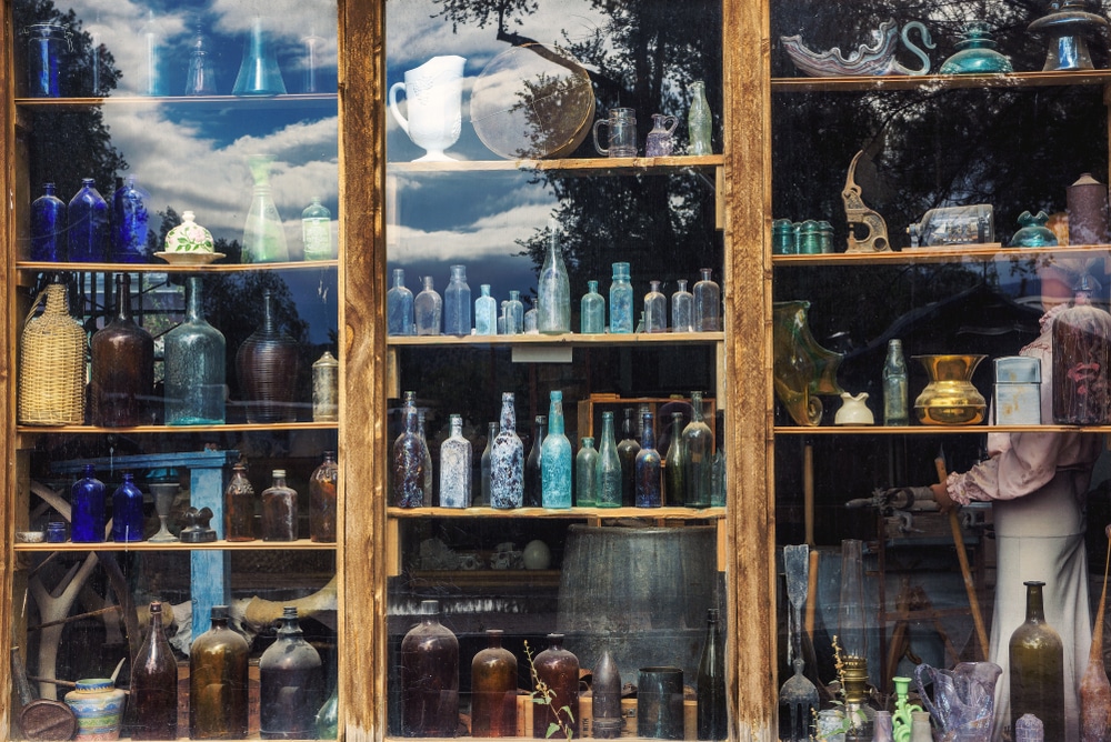 A storefront with glass bottles in Cerrillos along the Turquoise Trail in New Mexico