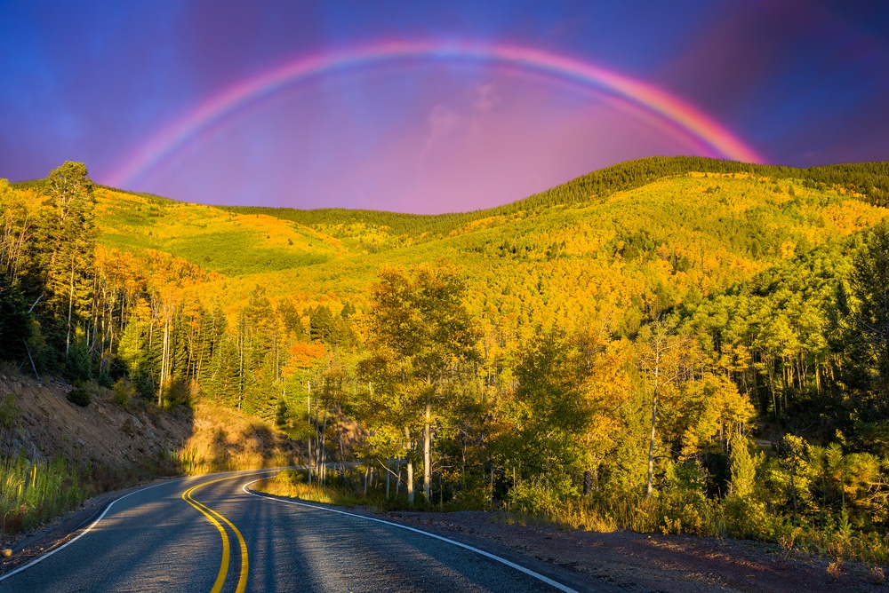 Rainbow over Santa Fe scenic drives in the fall from Santa Fe to Taos